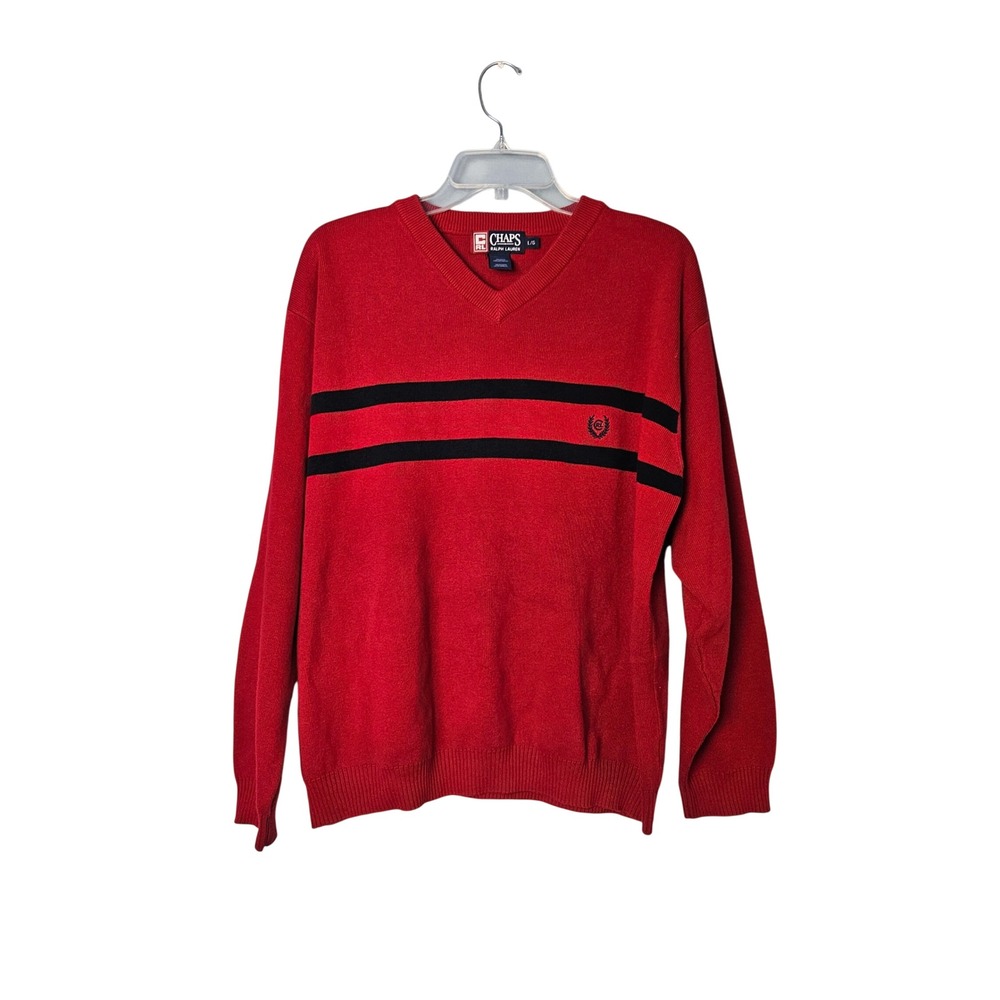 Chaps Ralph Lauren Red V-neck Stripe‎ Sweater Crest Logo Mens Large